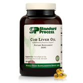 Standard Process Cod Liver Oil bottle highlighting omega-3 benefits for skin and eyes