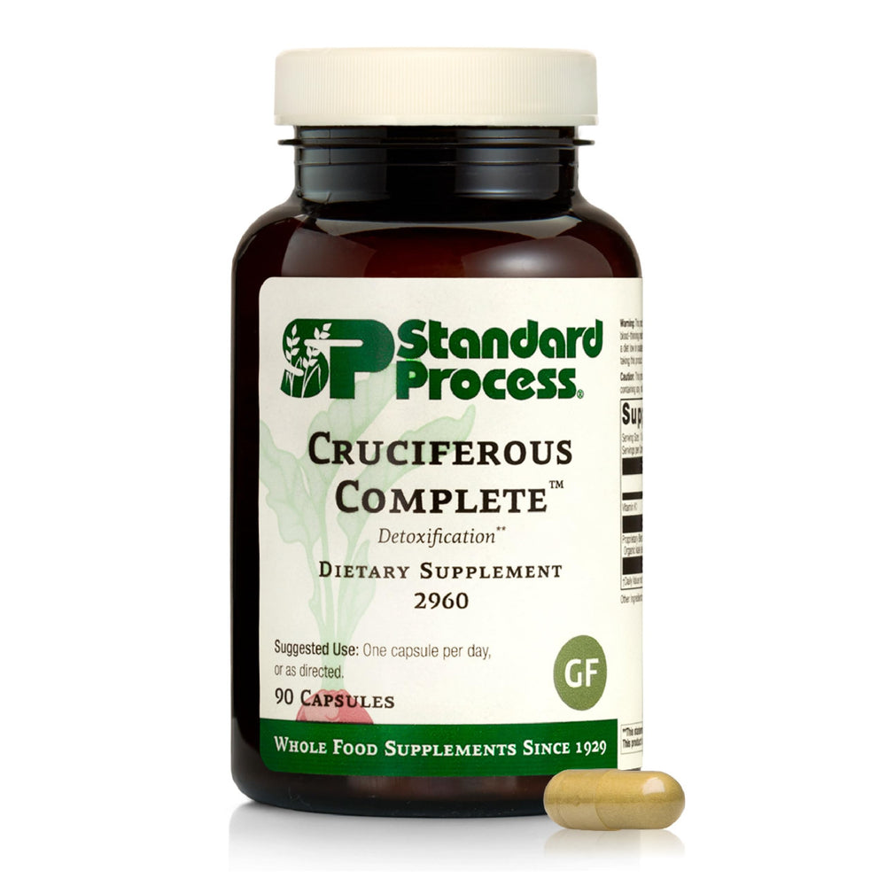 Standard Process Cruciferous Complete bottle cap closeup supports overall liver health.