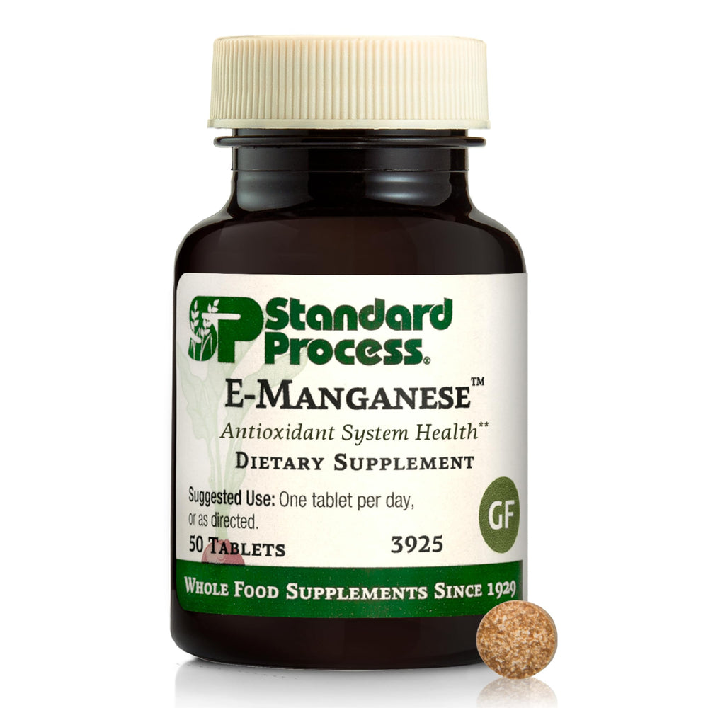 Standard Process E-Manganese bottle showing daily antioxidant support in a whole-food supplement.