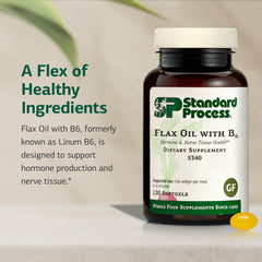 Standard Process Flax Oil with B6 softgels shows capsule form for heart and skin wellness.