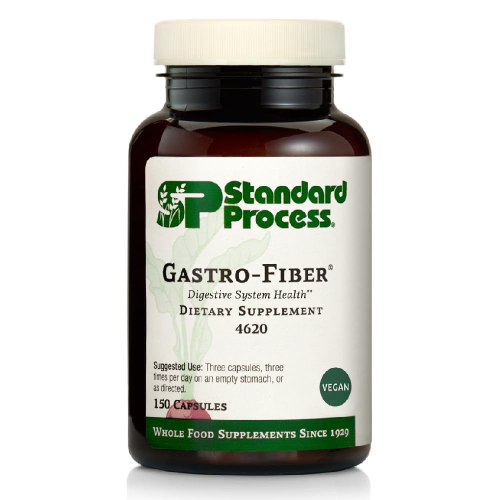 Standard Process Gastro-Fiber bottle front, vegan prebiotic formula supporting digestion.