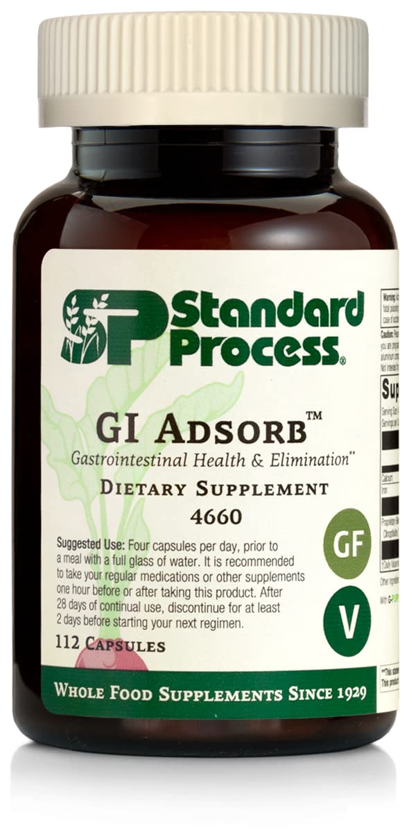 Standard Process GI Adsorb bottle label highlights gluten-free, non-dairy formulation.