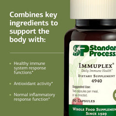 Standard Process Immuplex packaging front highlights gluten-free, dairy-free, and soy-free claims.