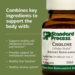 Choline bottle label from Standard Process, gluten-free and vegetarian formulation highlighted.