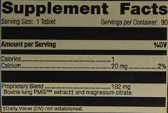Label detail of Pneumotrophin PMG 90 Tabs highlighting nucleoprotein-mineral extracts.