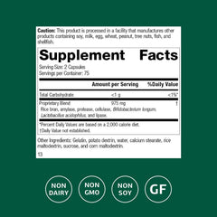 Close-up of Lact-Enz capsules highlighting gluten-free and non-dairy benefits.