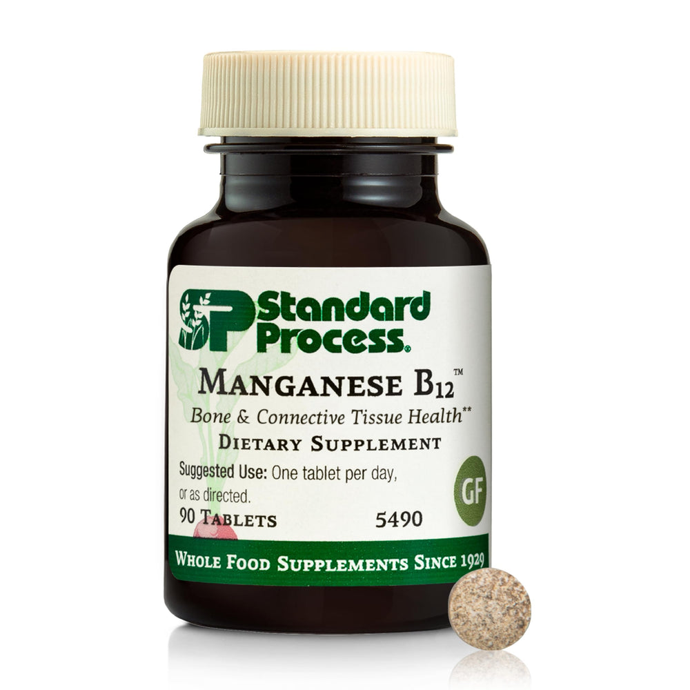 Standard Process Manganese B12 bottle front with label; supports tissue health.