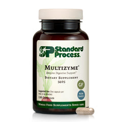 Standard Process Multizyme bottle on desk illustrating digestive support option
