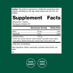 Closeup of Standard Process Niacinamide B6 capsule for quality ingredients.