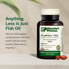 Close-up of Olprima DHA label highlighting gluten-free, non-dairy, and non-soy attributes.