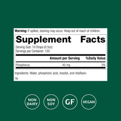 Standard Process Phosfood Liquid label shows gluten-free, vegan, and non-soy features.