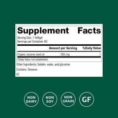 Closeup of the Standard Process sesame seed oil softgels label highlighting quality