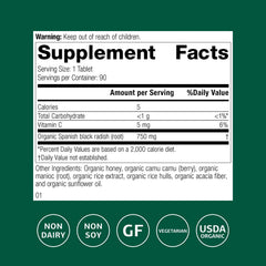 Standard Process Spanish Black Radish bottle side shows gluten-free, dairy-free, and soy-free formulation.
