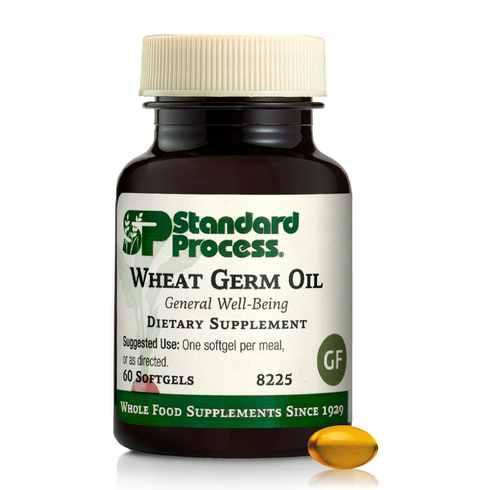 Standard Process Wheat Germ Oil bottle demonstrates antioxidant support for cellular health.