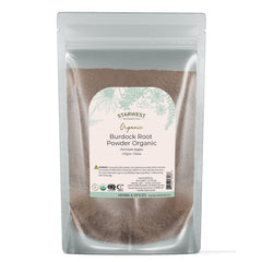 Starwest Botanicals burdock root powder in a 4 oz pouch, ideal for tea blends.