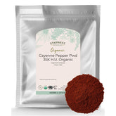 Starwest Botanicals Cayenne Pepper Powder in a jar, adding heat to recipes.