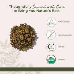 Starwest Botanicals chamomile tea brew setup showing infusion in hot water.