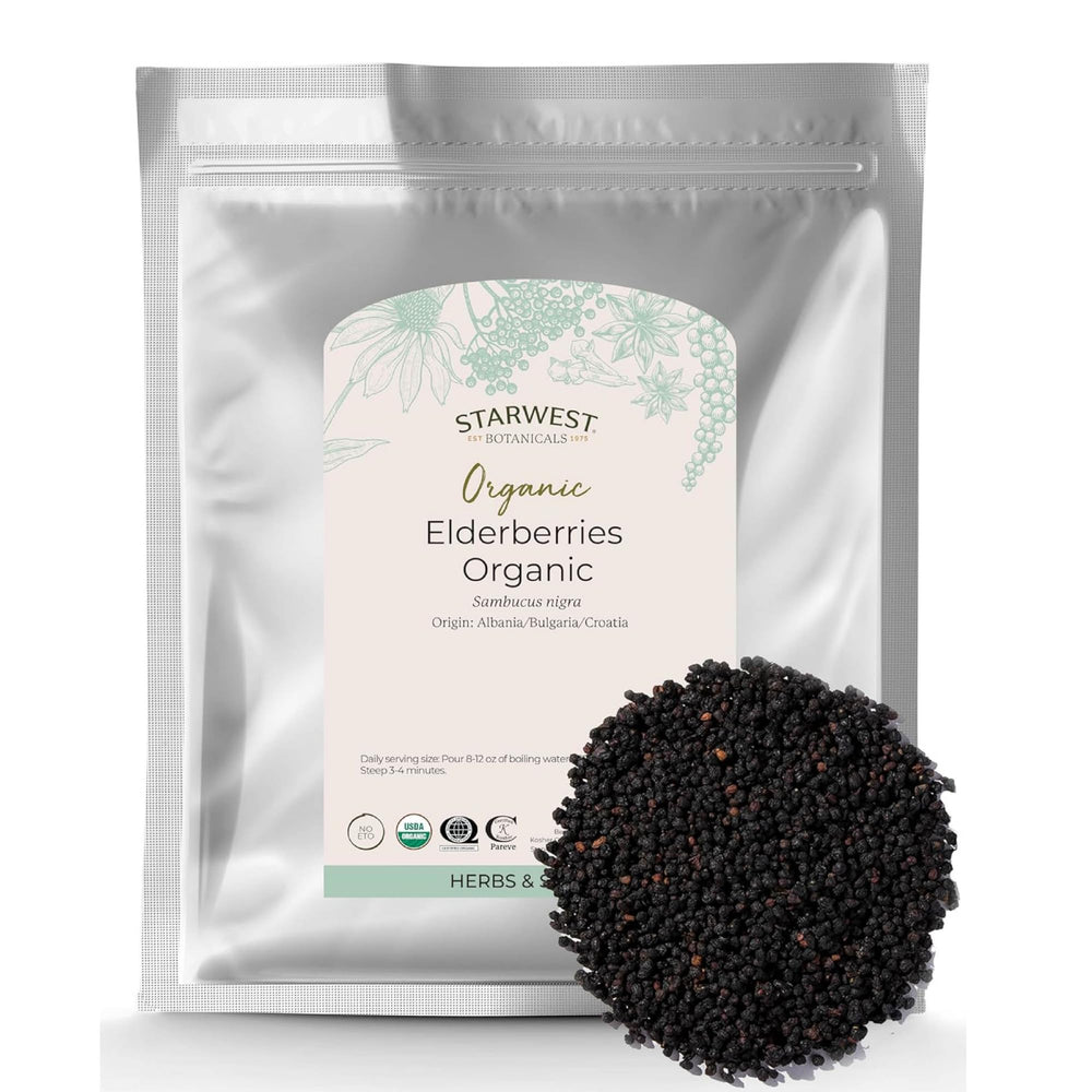 Starwest Botanicals organic elderberries in a 1 lb bag for tea and jam.