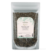 Starwest Botanicals Moringa Leaf Cut Closeup, antioxidant-rich herb for tea and smoothies.
