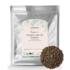 Starwest Botanicals Mullein leaf packaging, premium dried herb ideal for tea blends.