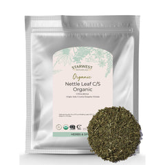 Starwest Botanicals nettle leaf dried cut and sifted, ideal for herbal tea blends.