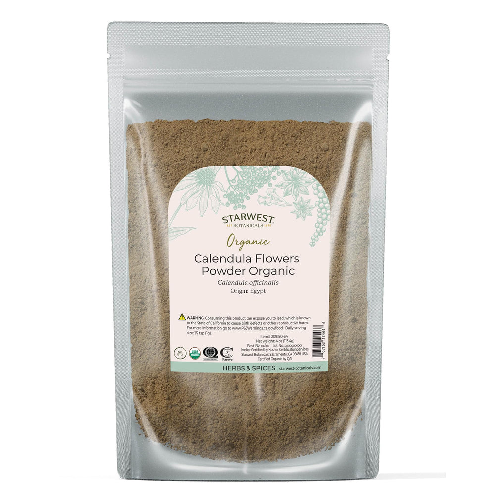 Starwest Botanicals calendula powder packaging ready for home use and tea infusions
