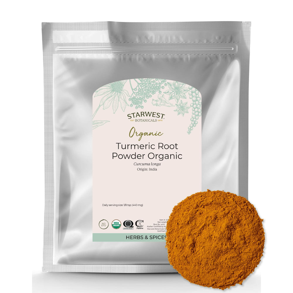 Starwest Botanicals turmeric powder bag with golden color for cooking versatility.