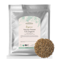 Starwest Botanicals Yarrow flowers close-up dried loose leaf for relaxation and gentle digestion.