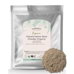 Starwest Marshmallow Root Powder bag shows 1 lb, ideal for pantry storage and home blending.