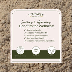Starwest Marshmallow Root Powder dry herb pile emphasizes pure organic sourcing for blends.