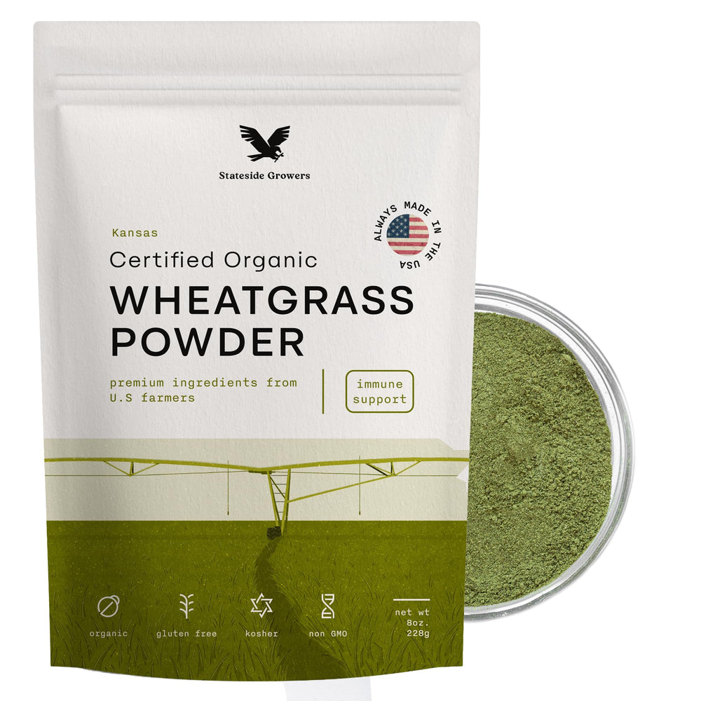 Stateside Growers wheatgrass powder bottle for convenient daily supplement.