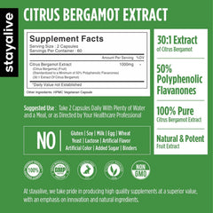 Close-up of Stay Alive Citrus Bergamot capsules highlighting the 30:1 extract