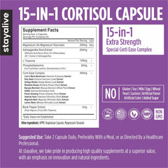 STAY ALIVE Cortisol Manager ingredient blend image emphasizes L-Theanine and Ashwagandha synergy