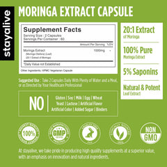 Stay Alive Moringa 20:1 extract capsules highlight potent nutrition.