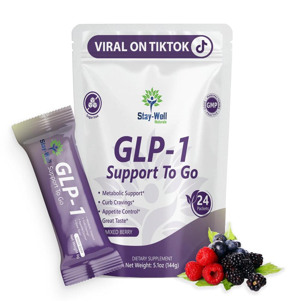 Stay-Well Naturals GLP-1 drink mix tub illustrating convenient daily supplementation for appetite balance.