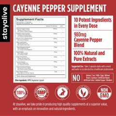 STAY ALIVE Cayenne Capsules label close-up emphasizing premium ingredients and clean vegan formulation.