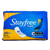 Stayfree Reg Maxi Pad 24ct box shows reliable daily protection for home storage.