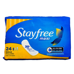 Stayfree Reg Maxi Pad 24ct box shows reliable daily protection for home storage.