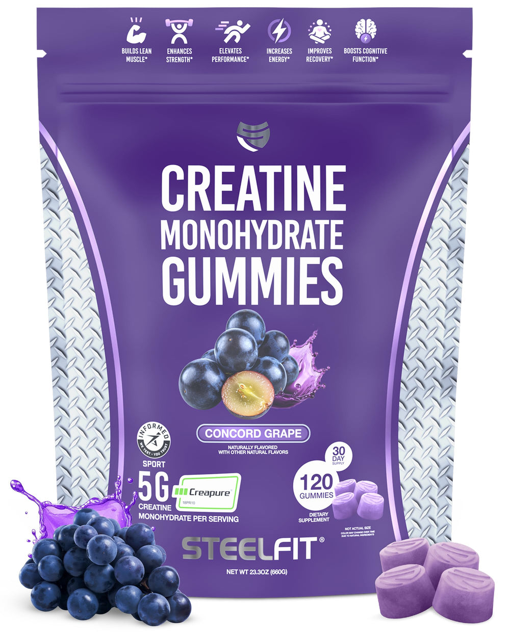 SteelFit Creapure gummies bottle with Concord Grape flavor for convenient workouts.