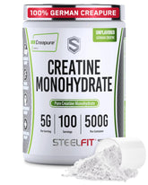 SteelFit Creapure Creatine Monohydrate powder bottle—unflavored, ready for daily mixing.