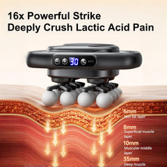 Stellamist Mini 16-head massage gun demonstrates programmable modes for targeted relief.