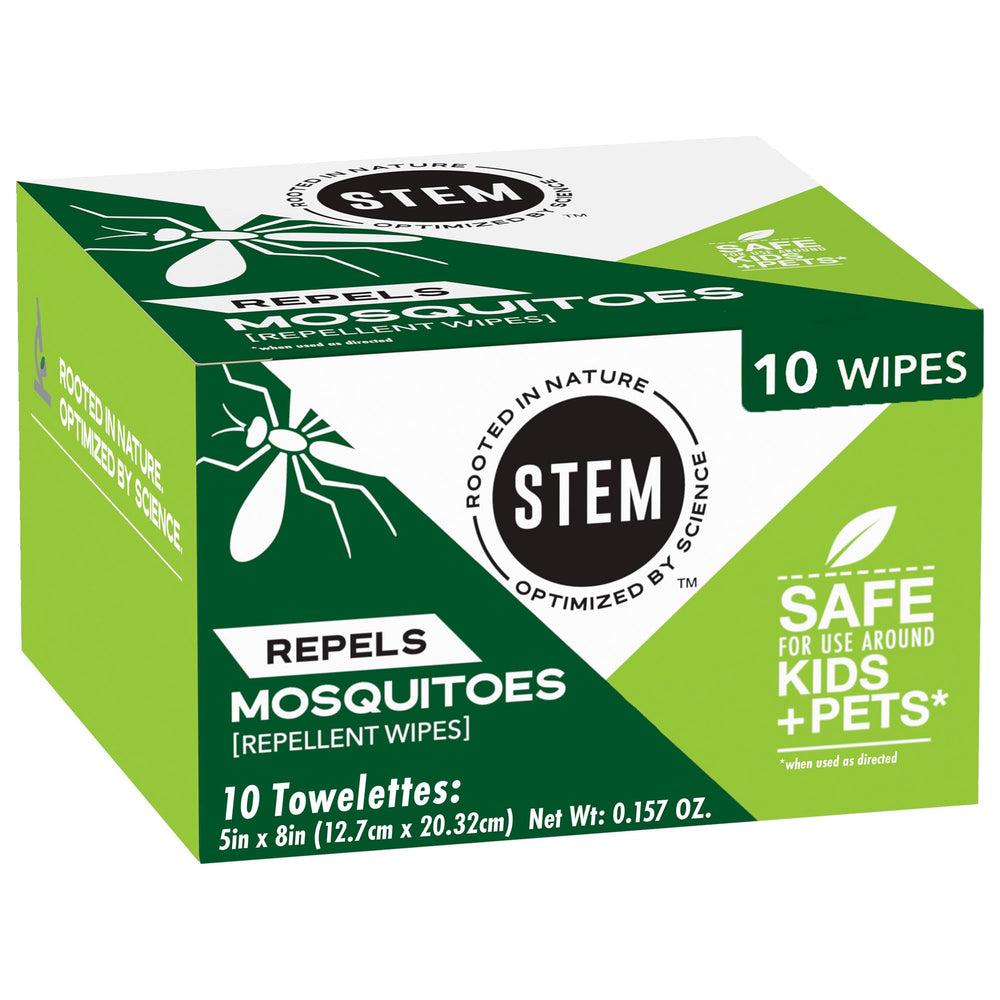 STEM Repels Mosquitoes wipes pack front for outdoor protection.
