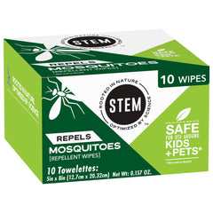 STEM Repels Mosquitoes wipes pack front for outdoor protection.