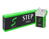 STEP Menthol Cool Green carton image shows a 200 ct herbal cigarette set, tobacco-free.