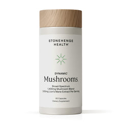 Stonehenge Health Dynamic Mushrooms bottle label highlights 5-mushroom formula for focus.