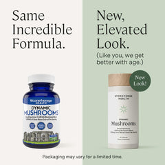 Stonehenge Health Dynamic Mushrooms capsules close-up showcases concentrated extracts.