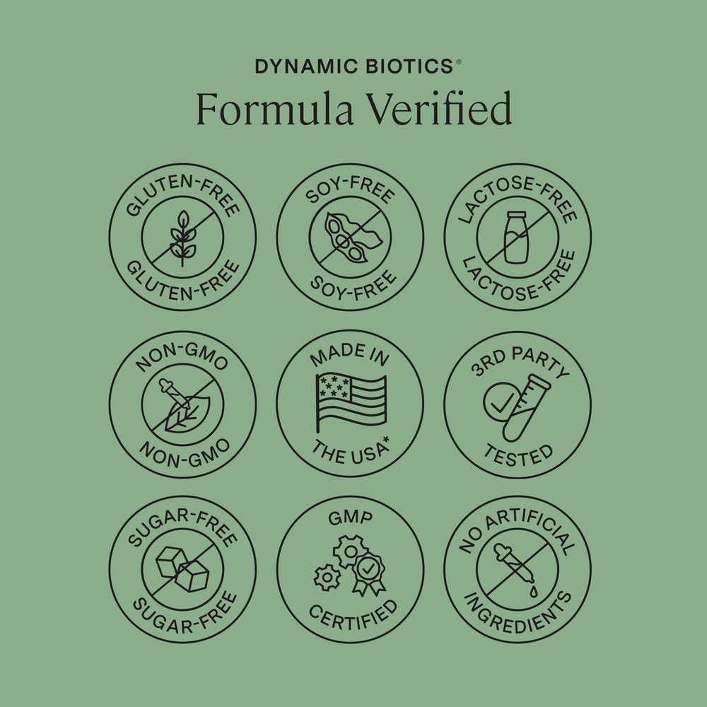 Stonehenge Health Dynamic Biotics third-party tested seal on packaging.