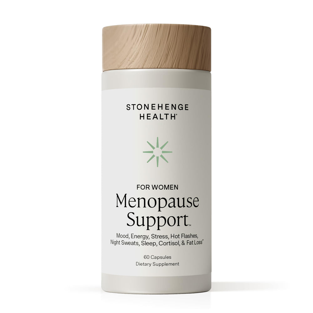 Stonehenge Health menopause bottle closeup shows mood and energy support for peri/postmenopause.