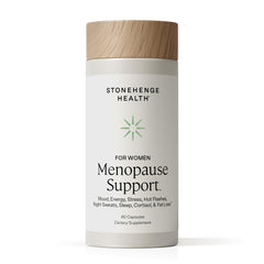 Stonehenge Health menopause bottle closeup shows mood and energy support for peri/postmenopause.