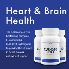 Stop Aging Now CUR-Q10 Ultra Complex bottle side, emphasizing brain and heart support formula.